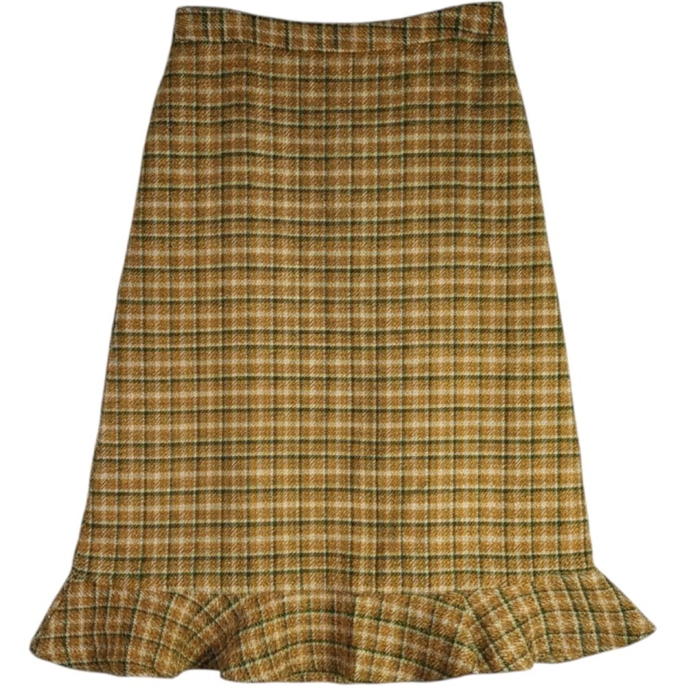 Anthropologie Yellow‎ Plaid Ruffle Hem Midi Skirt Size L NWT Mustard Green Check